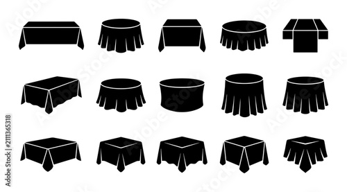 Set of 15 Black Tablecloth Icons, Various Shapes and Sizes, Vector Graphics for Event Decor and Design Elements