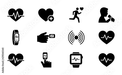 Cardiology Health Icons Set, Medical Heartbeat Pulse and Fitness Tracker Graphics, Electrocardiogram ECG and Blood Pressure Monitor Vector Collection