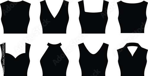 Foto Women Top And Tank Neckline Styles Vector Silhouette Icons Set Including V Neck