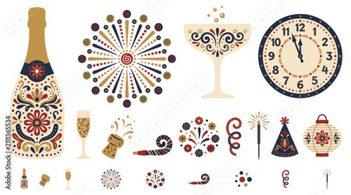 New Year's Eve Celebration Folk Art Element Set with Champagne, Clock, and Fireworks