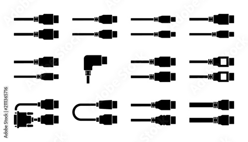 Vector Icon Set: Diverse Electronic Connectors, Cables, and Plugs for Technology and Data Transfer Applications