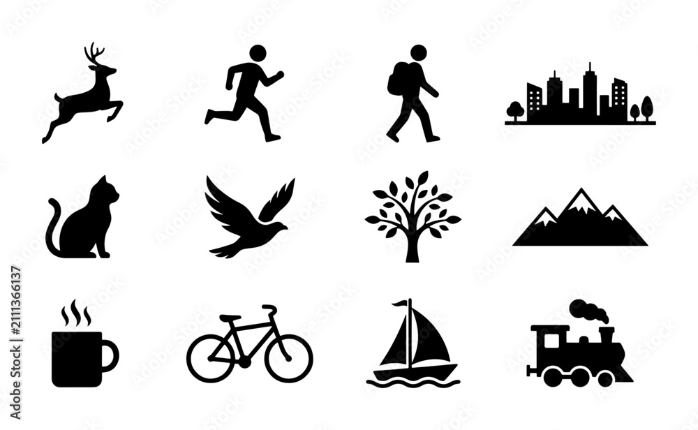 Obraz premium Diverse Vector Icon Set: Wildlife, Cityscape, Transportation, Nature, and Lifestyle Symbols for Graphic Design