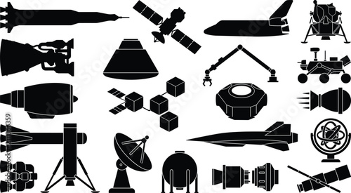 Space Exploration Silhouettes with Rockets, Satellites, Space Shuttle, Lunar Lander, Mars Rover, Telescopes, Antennas, and Capsule Icons