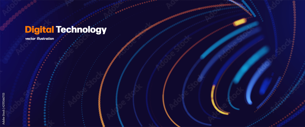 Obraz premium Digital Technology Background With Blue And Yellow Abstract Glowing Dotted Curved Lines And Futuristic Data Flow. Digital Technologies For Innovation And Networking. Vector Illustration.