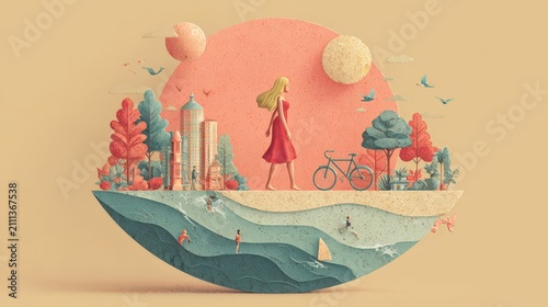 Minimalist Paper Cut Style Illustration Of A Person Walking Through A City Park And Ocean Landscape