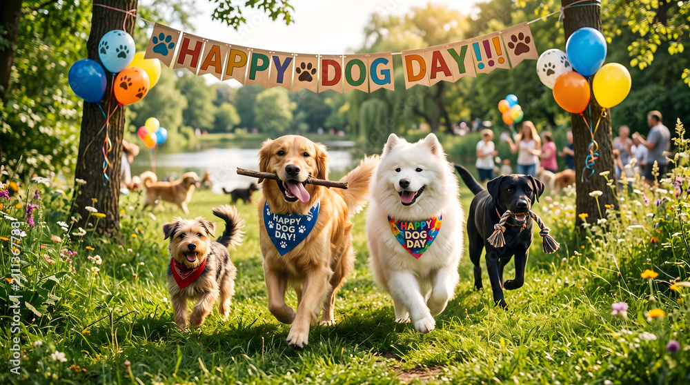 Fototapeta premium Happy Dog Day celebration with dogs running in park