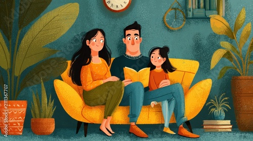 Family Reading Together On A Yellow Sofa In A Cozy Living Room With Lush Indoor Plants And Decor