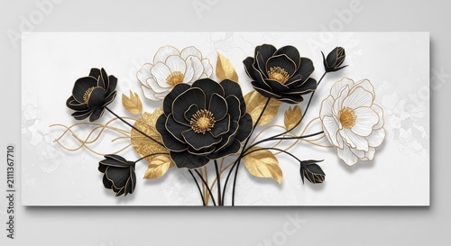 3D floral wall art with black and gold flowers.