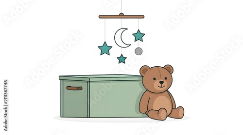 Cute teddy bear sitting near a green toy chest with hanging baby mobile vector illustration.