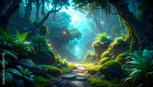 Enchanted Forest Path Illuminated by Ethereal Light.