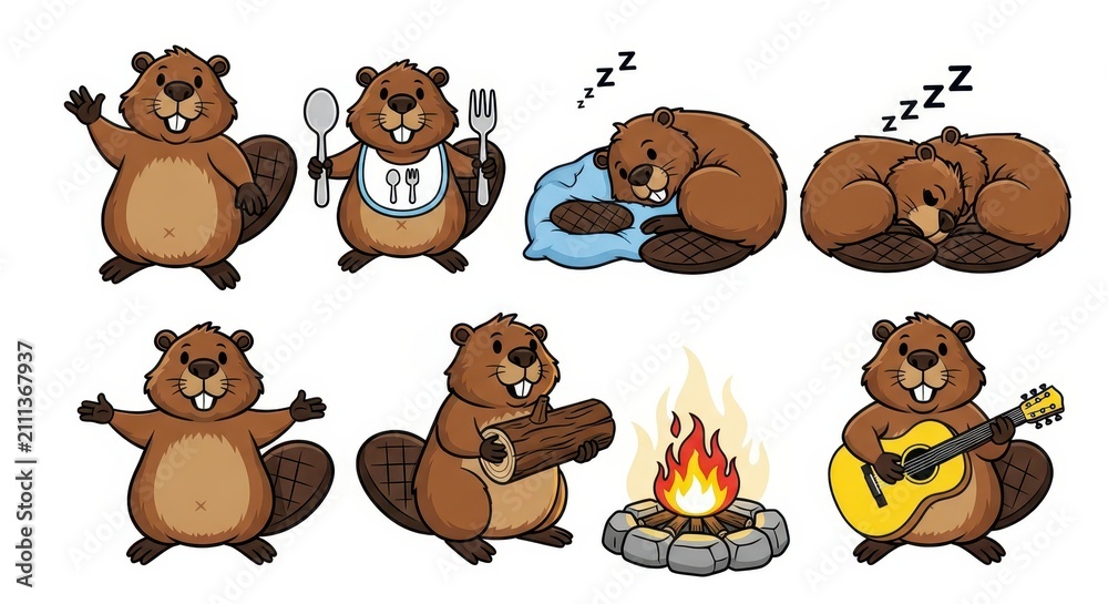 Fototapeta premium Cute Cartoon Beaver Character Set in Various Poses and Activities for Mascot and Design Projects