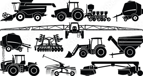 Cuadro en lienzo Agricultural Machinery Silhouettes with Tractor, Combine, Plow, Seeder, Baler, S