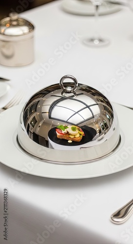Appetizer revealed under a lifted silver cloche