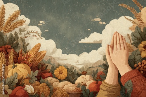 Hands In Prayer Over Autumn Harvest Bounty With Golden Wheat And Pumpkins Under A Textured Sky