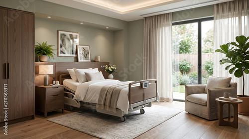 Modern hospital room with adjustable bed and armchair