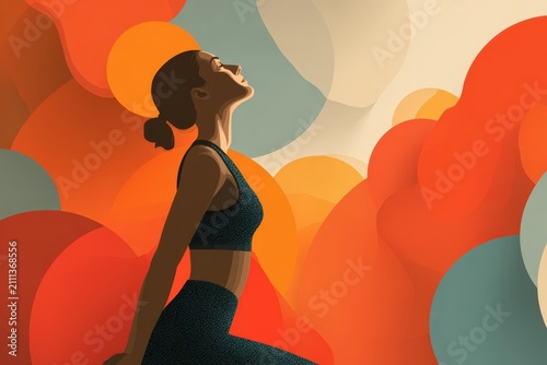 Woman Practicing Yoga In Abstract Colorful Background With Vibrant Orange Red And Blue Circular Shapes