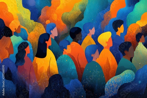 Abstract Crowd Of Diverse People In Vibrant Neon Colors With Stippled Texture And Digital Art Style