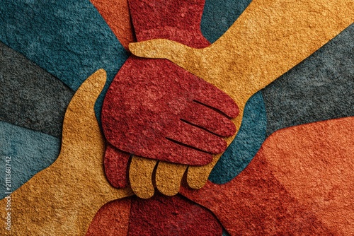 Abstract Group Hands Stacked Together Representing Unity And Teamwork With Vibrant Grainy Textures
