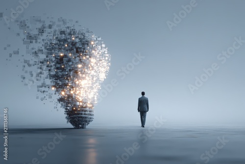 Businessman Walking Toward A Glowing Digital Pixelated Lightbulb Idea On A Gray Surreal Background