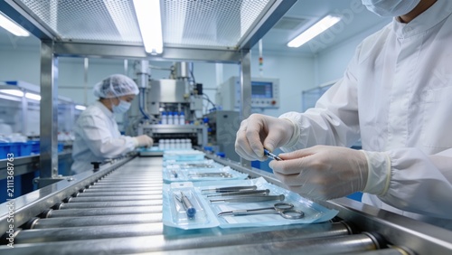 Modern pharmaceutical factory producing sterile medical instrument kits with skilled technician ensuring quality control.
