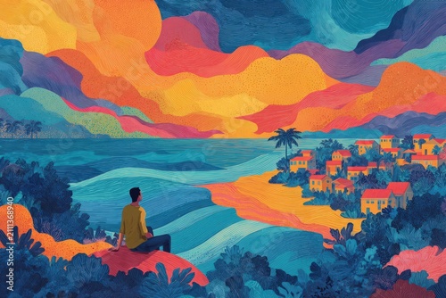 Person Looking At A Vibrant Coastal Village With Colorful Clouds And Ocean Waves In Pixel Art Style