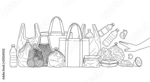 Eco Friendly Shopping Bags and Plastic Waste Outline Illustration