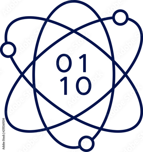 Quantum computing icon with atom and binary code. Vector illustration, flat design