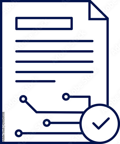 Smart contract document icon with circuit and checkmark. Vector illustration, flat design