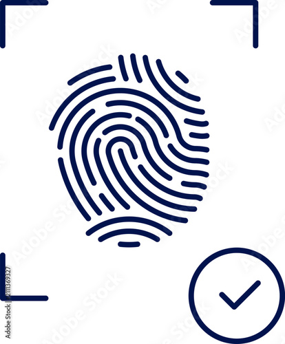 Biometric fingerprint scan icon with verified checkmark.  Vector illustration, flat design