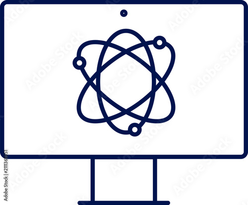 Quantum computing icon with atom on monitor screen. Vector illustration, flat design