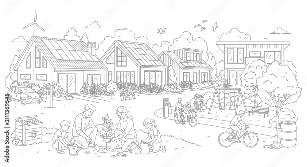 Obraz premium Eco Friendly Sustainable Community Line Art Illustration