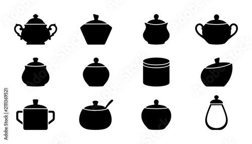 Bild auf Leinwand Vector Collection: 12 Black Silhouette Sugar Bowls and Creamers, Kitchenware Ico