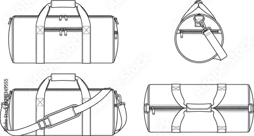 Technical line drawings of cylindrical duffel bag design with multiple views