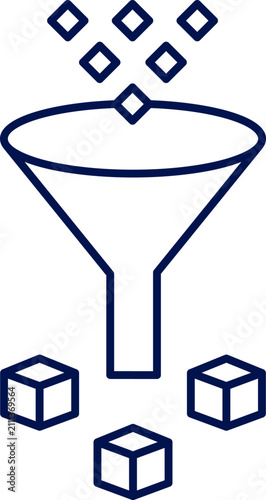 Data sorting. Data filter funnel icon with cubes and diamonds. Vector illustration, flat design