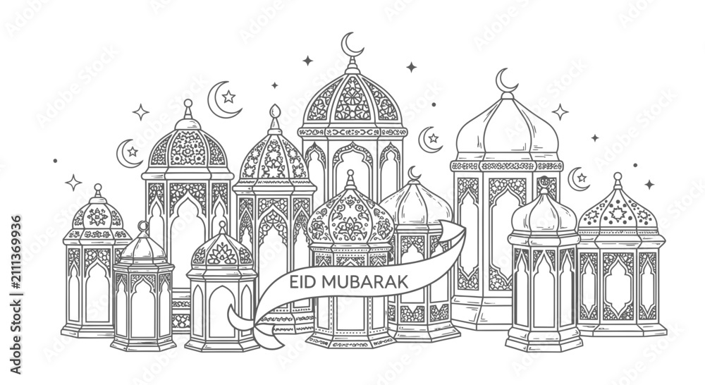 Obraz premium Eid Mubarak Hand Drawn Sketch Lanterns Illustration