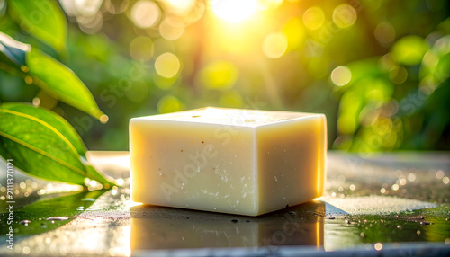 Natural Handmade Soap Bar Bathed in Golden Sunlight Outdoors.