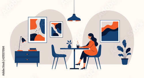 Woman sitting at a wooden table in a stylish contemporary dining room, enjoying coffee with modern wall art.