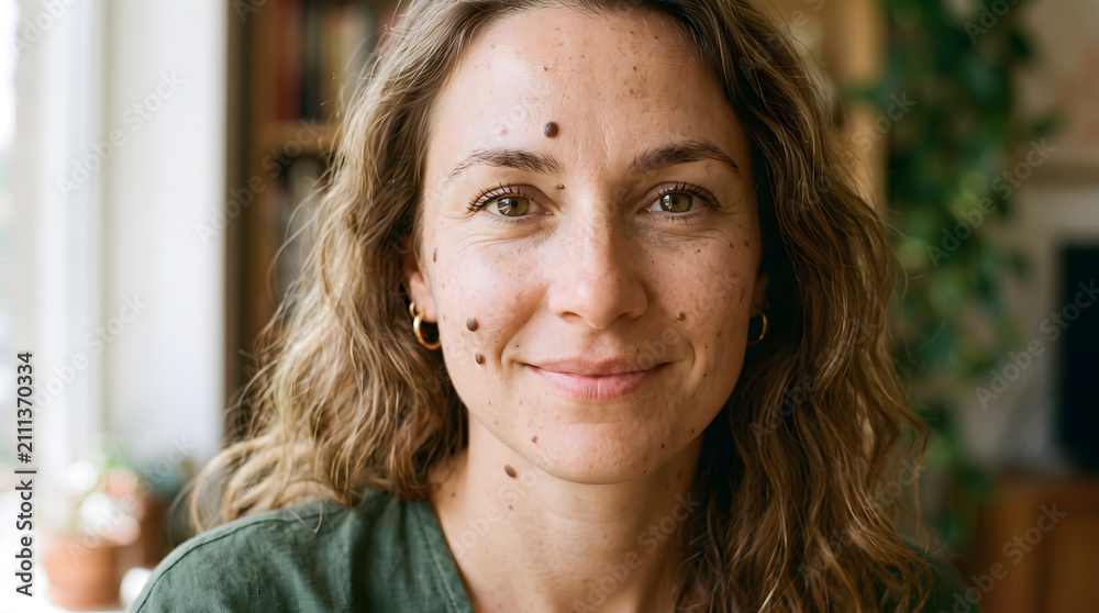 Fototapeta premium Woman with moles and freckles smiling naturally