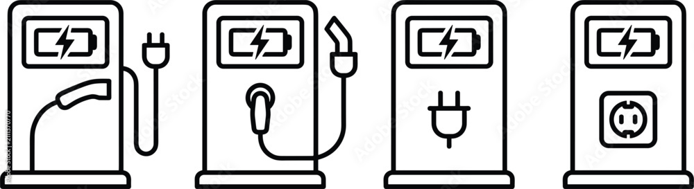 Fototapeta premium Electric vehicle charging station icon set with plug socket battery symbol vector illustration collection isolated