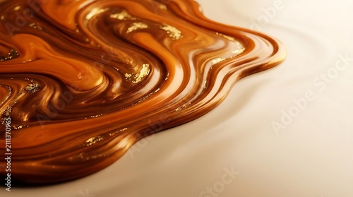 Golden liquid swirls on a warm surface.