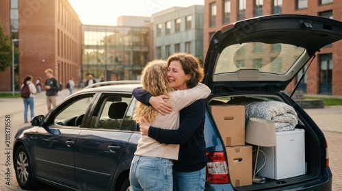 Mother and daughter hugging by packed car
