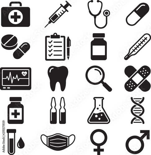 Medical & Healthcare Icons Set – Hospital, Doctor, Medicine, Fitness, Laboratory, Wellness Black Glyph Vector Collection
