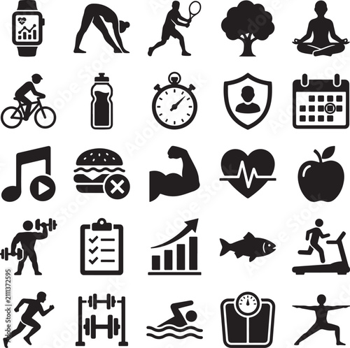 Medical & Healthcare Icons Set – Hospital, Doctor, Medicine, Fitness, Laboratory, Wellness Black Glyph Vector Collection