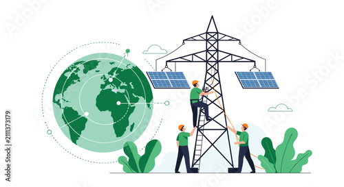Technicians installing eco friendly solar panels on a power grid tower to generate green energy for the planet.