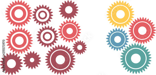 Foto Colorful gear wheel icon set with red pink and teal cogs clustered together repr