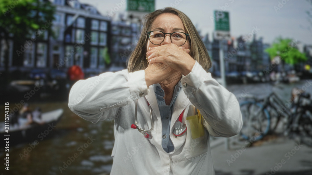 Fototapeta premium Woman doctor covering mouth with hands, wearing whitecoat and stethoscope, standing on street by canal and bicycles; surprise urgency.