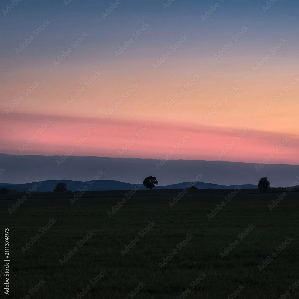 Fototapeta premium Minimalist twilight landscape featuring the Belt of Venus pink sky gradient over trees