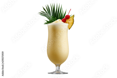 Realistic pina-colada-cocktail-in-tall-curved-glass-with-pineapple-slice-cherry-garnish