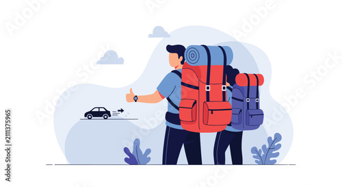 Couple of travelers with large backpacks hitchhike on roadside with thumb up gesturing to passing small car.