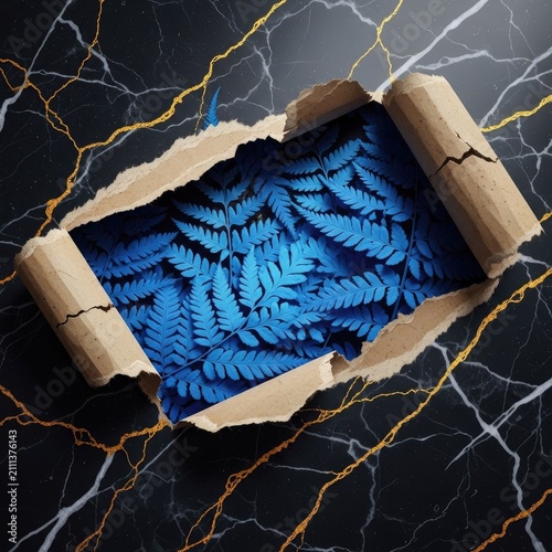 Blue fern leaves revealed under torn paper marble.